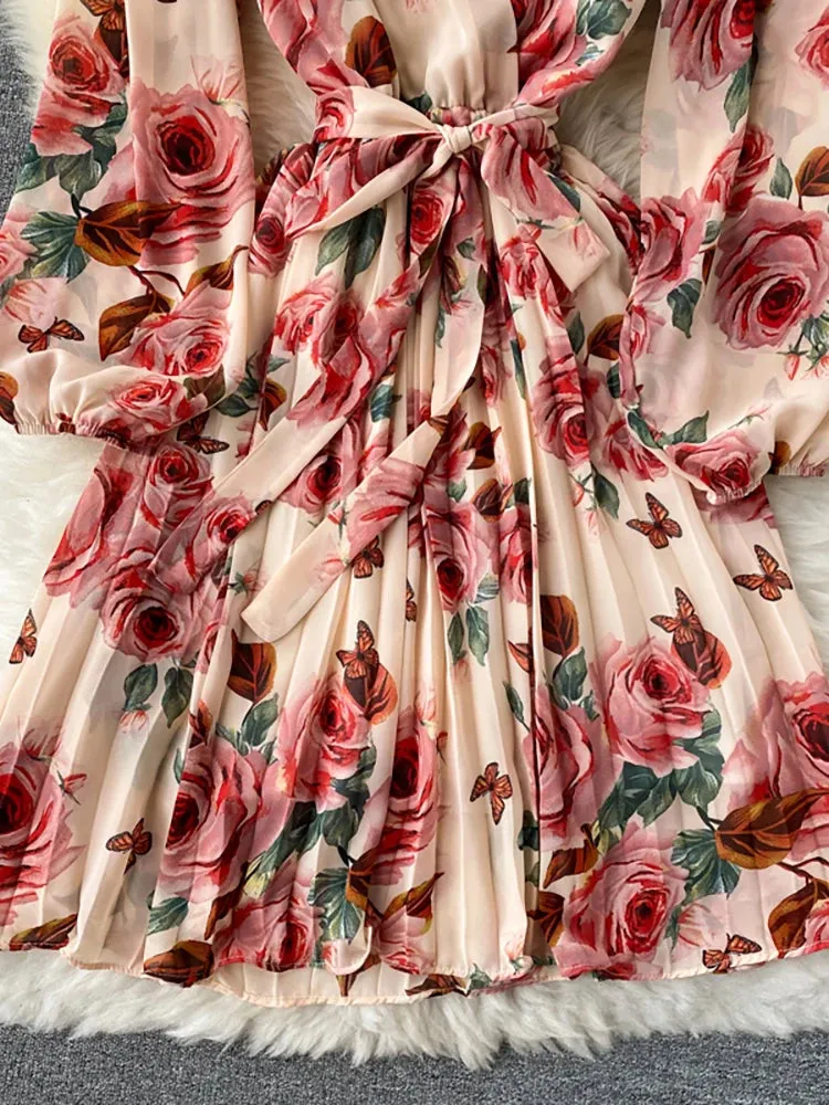 Floral Draped Bohemian V-Neck Puff Long Sleeve Dress