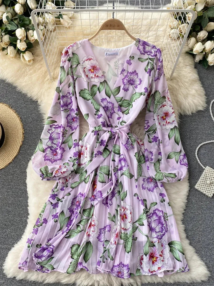 Floral Draped Bohemian V-Neck Puff Long Sleeve Dress