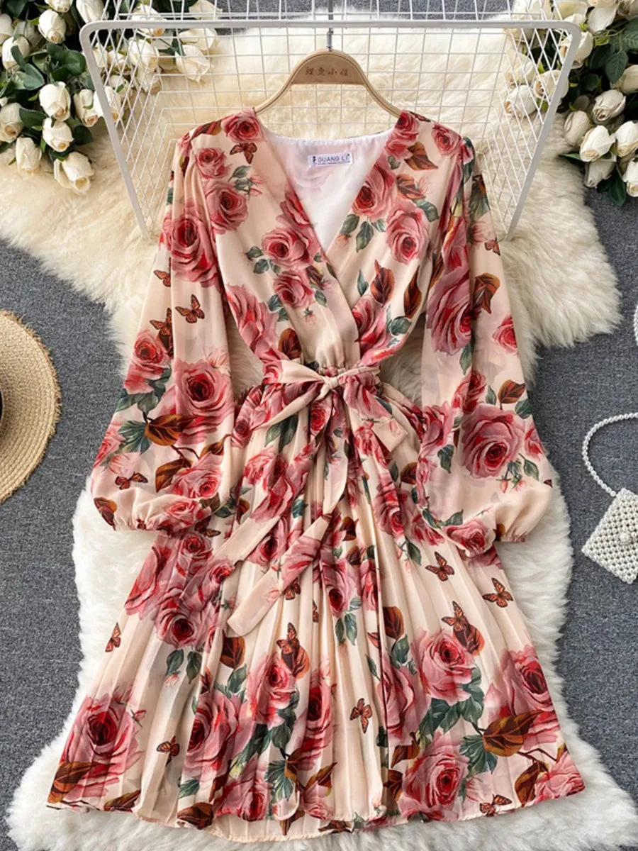 Floral Draped Bohemian V-Neck Puff Long Sleeve Dress