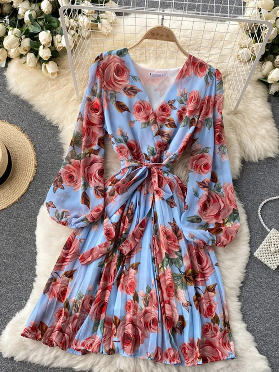Floral Draped Bohemian V-Neck Puff Long Sleeve Dress