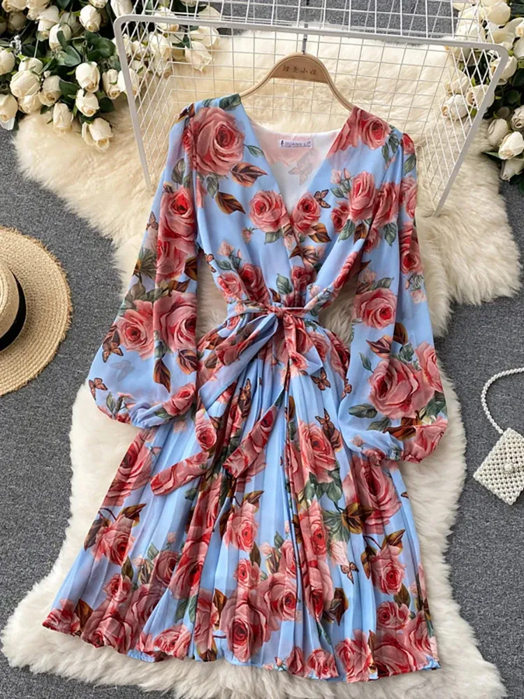 Floral Draped Bohemian V-Neck Puff Long Sleeve Dress