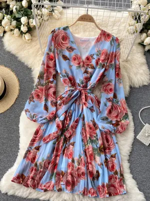 Floral Draped Bohemian V-Neck Puff Long Sleeve Dress
