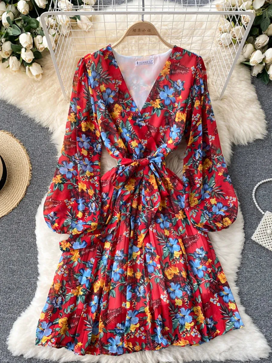 Floral Draped Bohemian V-Neck Puff Long Sleeve Dress