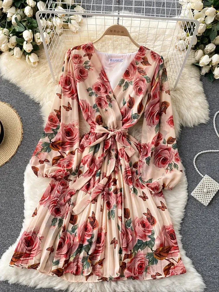 Floral Draped Bohemian V-Neck Puff Long Sleeve Dress