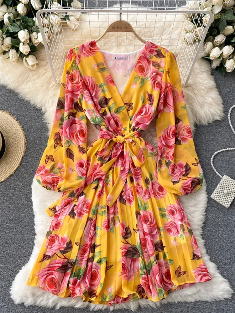 Floral Draped Bohemian V-Neck Puff Long Sleeve Dress