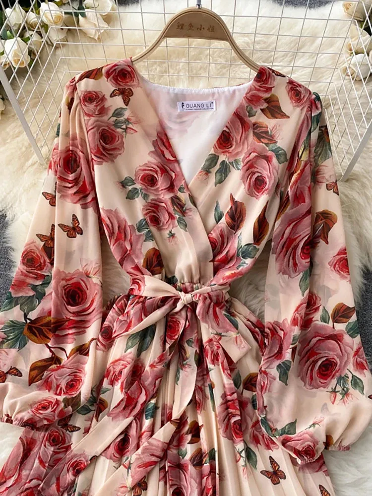 Floral Draped Bohemian V-Neck Puff Long Sleeve Dress