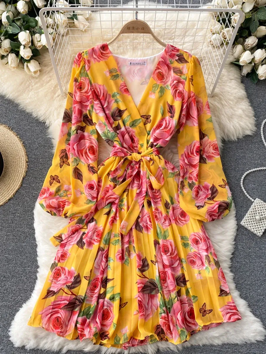 Floral Draped Bohemian V-Neck Puff Long Sleeve Dress