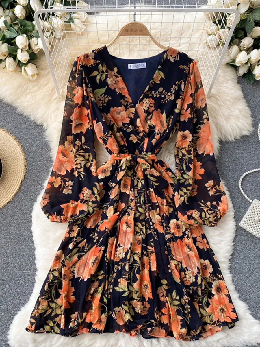 Floral Draped Bohemian V-Neck Puff Long Sleeve Dress