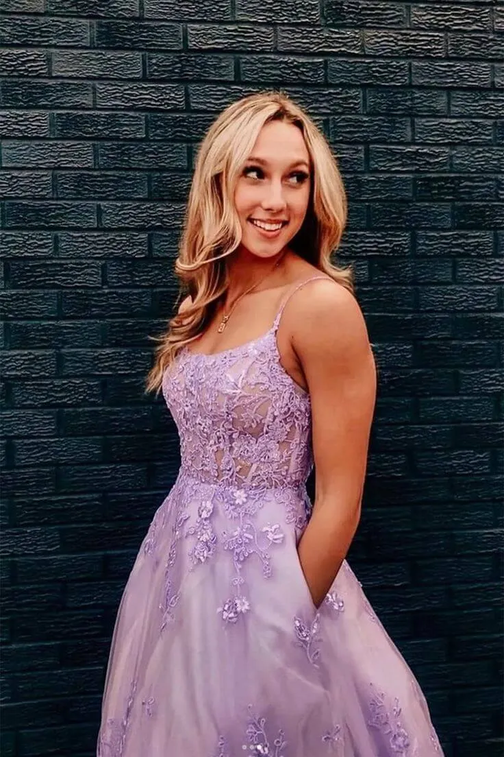 Floral Long Violet Purple Lace Prom Dresses Lilac 2024 Formal Evening Dresses Pockets