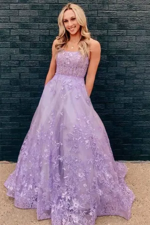 Floral Long Violet Purple Lace Prom Dresses Lilac 2024 Formal Evening Dresses Pockets