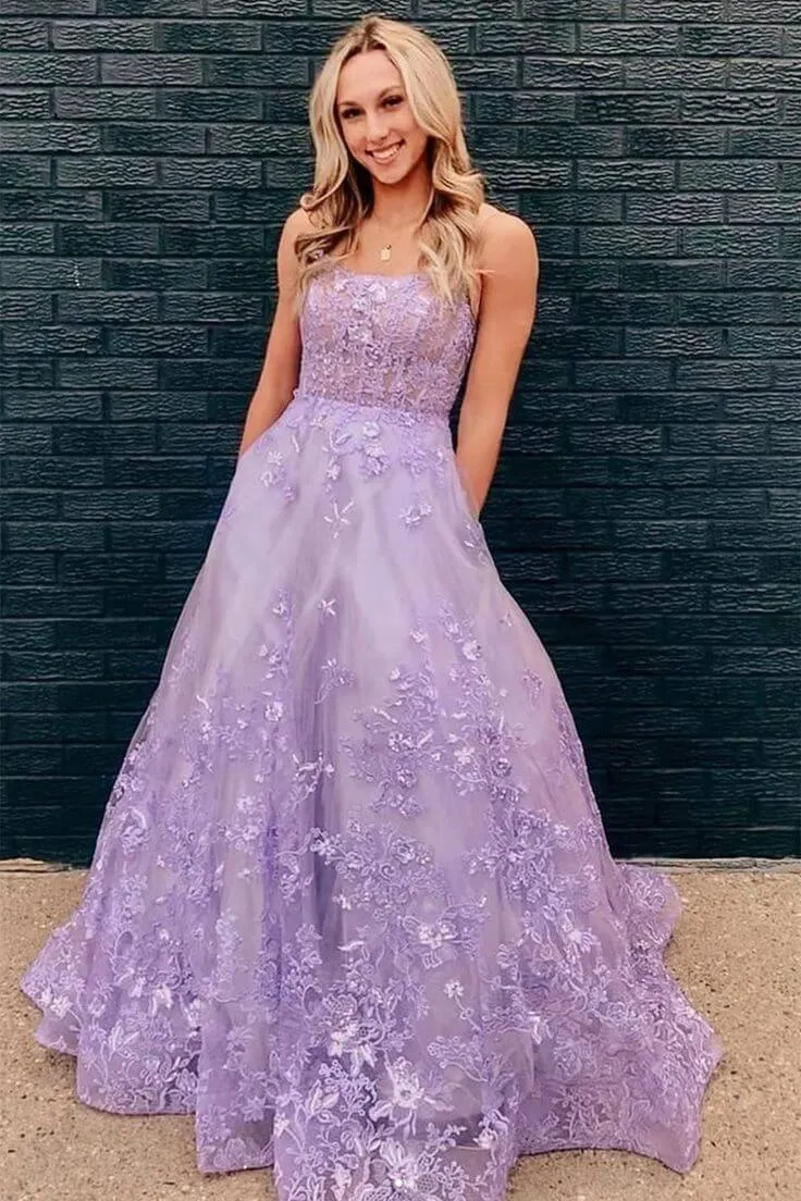 Floral Long Violet Purple Lace Prom Dresses Lilac 2024 Formal Evening Dresses Pockets
