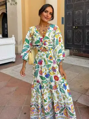 Floral Print Maxi Dress with Lantern Sleeves and Twist Front