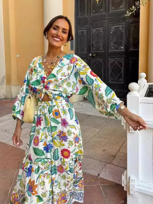 Floral Print Maxi Dress with Lantern Sleeves and Twist Front