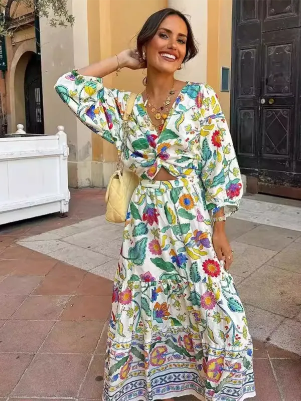 Floral Print Maxi Dress with Lantern Sleeves and Twist Front