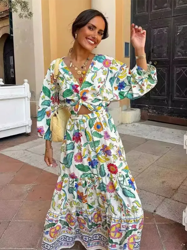 Floral Print Maxi Dress with Lantern Sleeves and Twist Front
