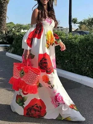Floral Print Maxi Dress with Off-Shoulder Tube Top