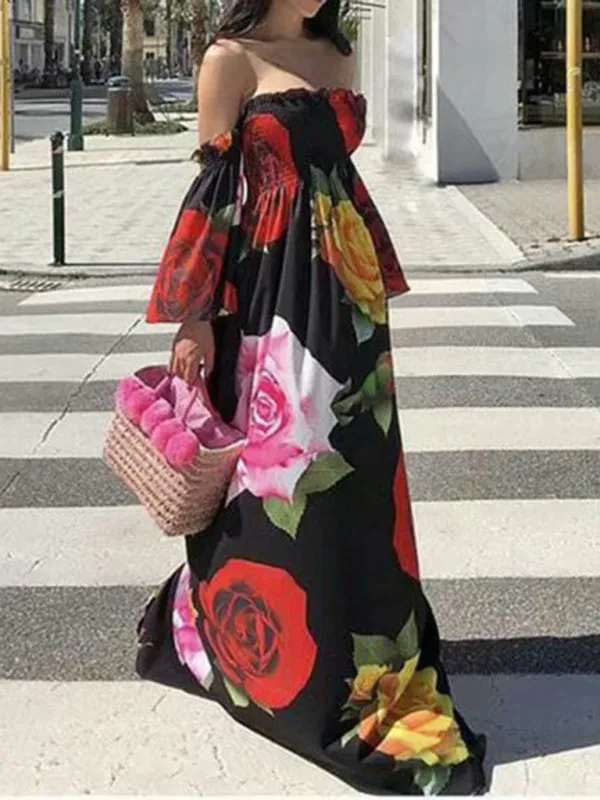 Floral Print Maxi Dress with Off-Shoulder Tube Top