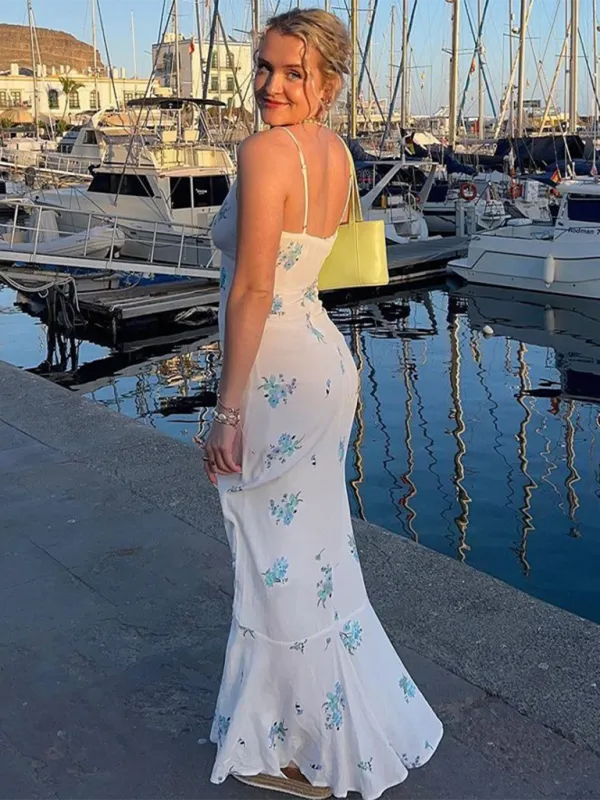 Floral Print Maxi Dress with Spaghetti Straps and V-Neck