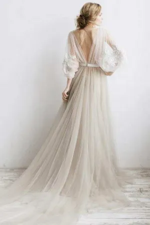 Flowy Illusion Tulle Pleated Dress With Floral Appliques And Deep-V Back-715161