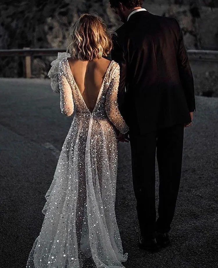 Frayah | Bohemian A-Line Sparkly Sequined Luxury Wedding Dresses
