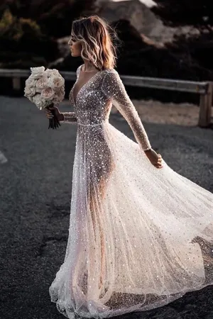 Frayah | Bohemian A-Line Sparkly Sequined Luxury Wedding Dresses