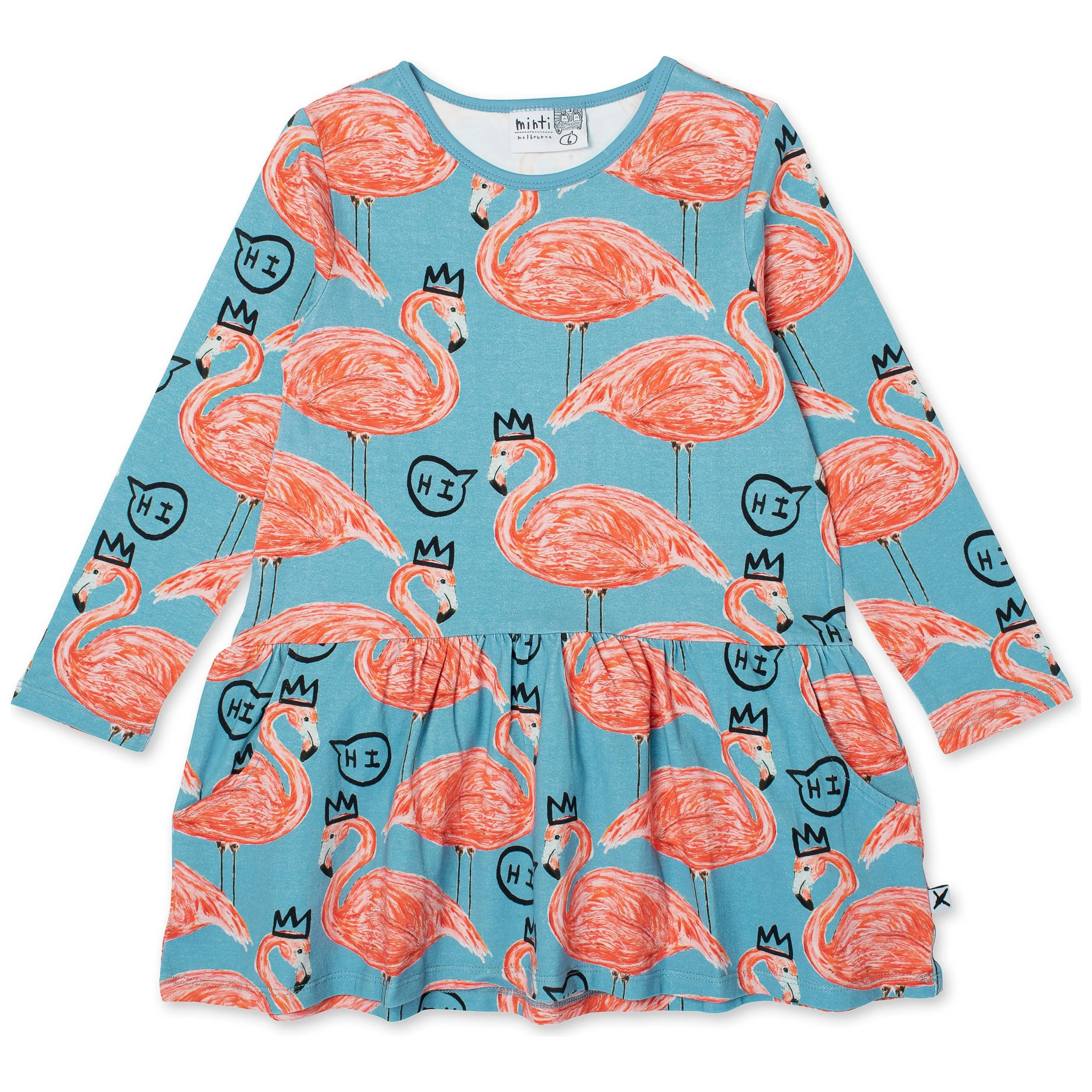 Friendly Flamingos Dress - Denim Blue