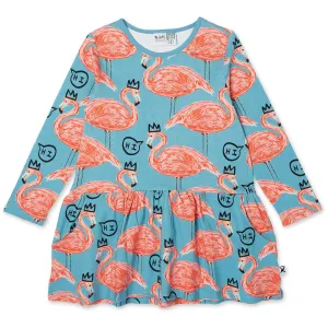Friendly Flamingos Dress - Denim Blue