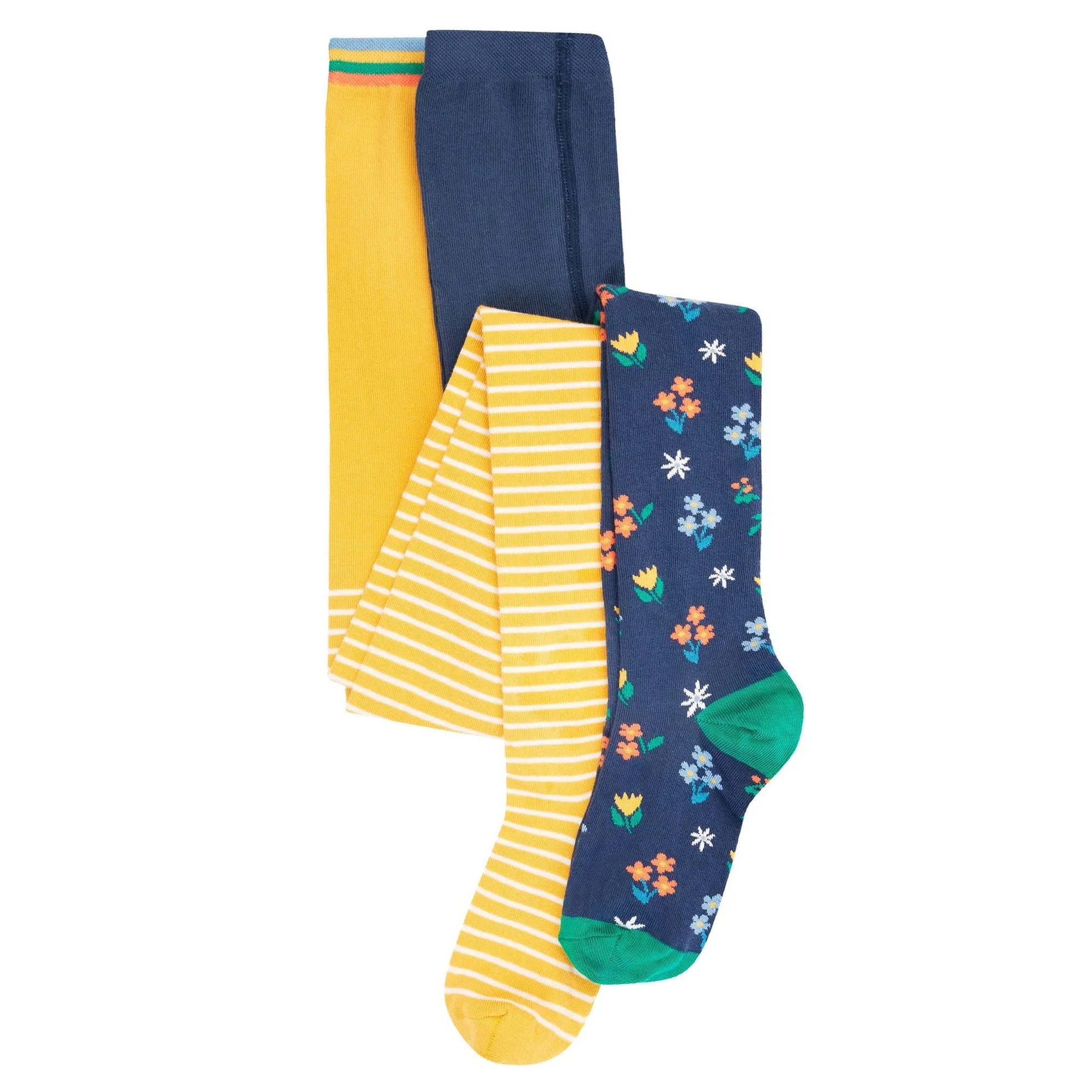 Frugi 2 Pack Tights Yellow Stripe Blue Floral