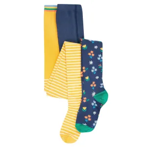 Frugi 2 Pack Tights Yellow Stripe Blue Floral