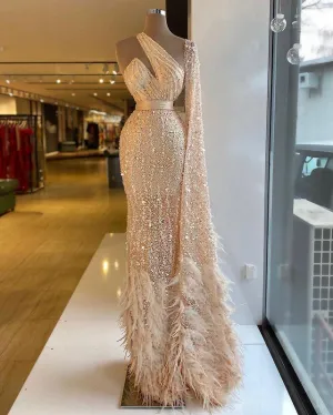 Gold Luxurious Sparkly Evening Dresses Beaded Sequins Prom Dresses Feather Formal Parrty Second Reception Gowns,CD3156