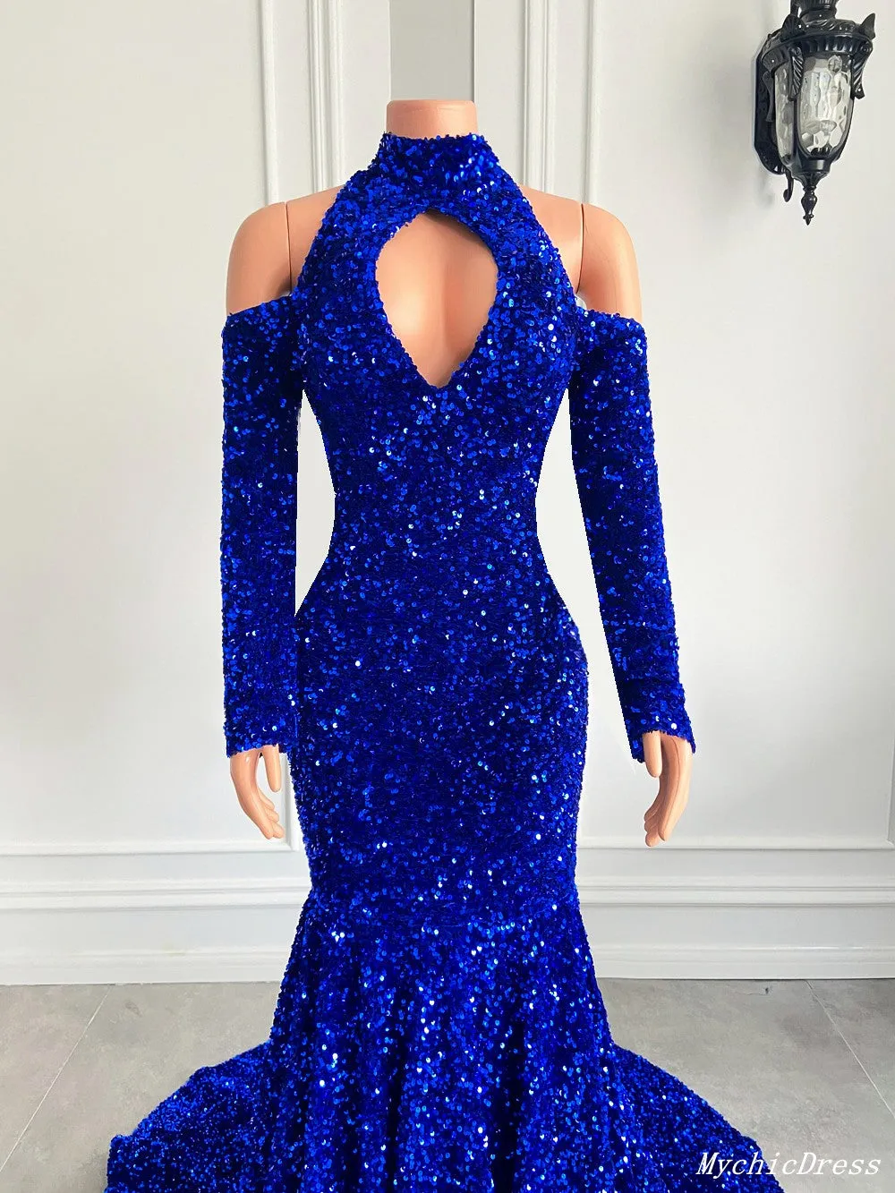 Gorgeous High Neck Long Sleeve Royal Blue Prom Dresses Sequins Party Dress