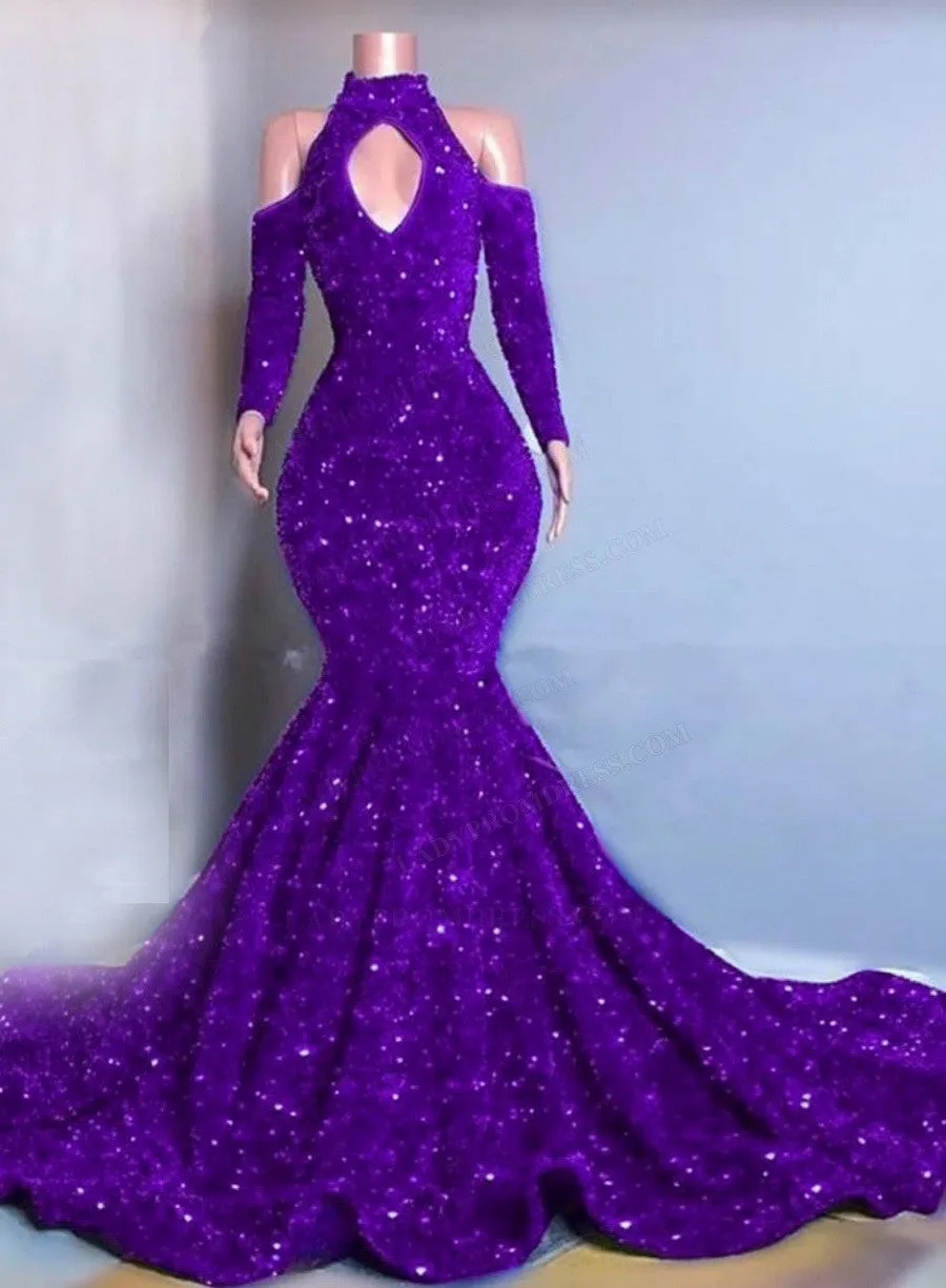 Gorgeous High Neck Long Sleeve Royal Blue Prom Dresses Sequins Party Dress