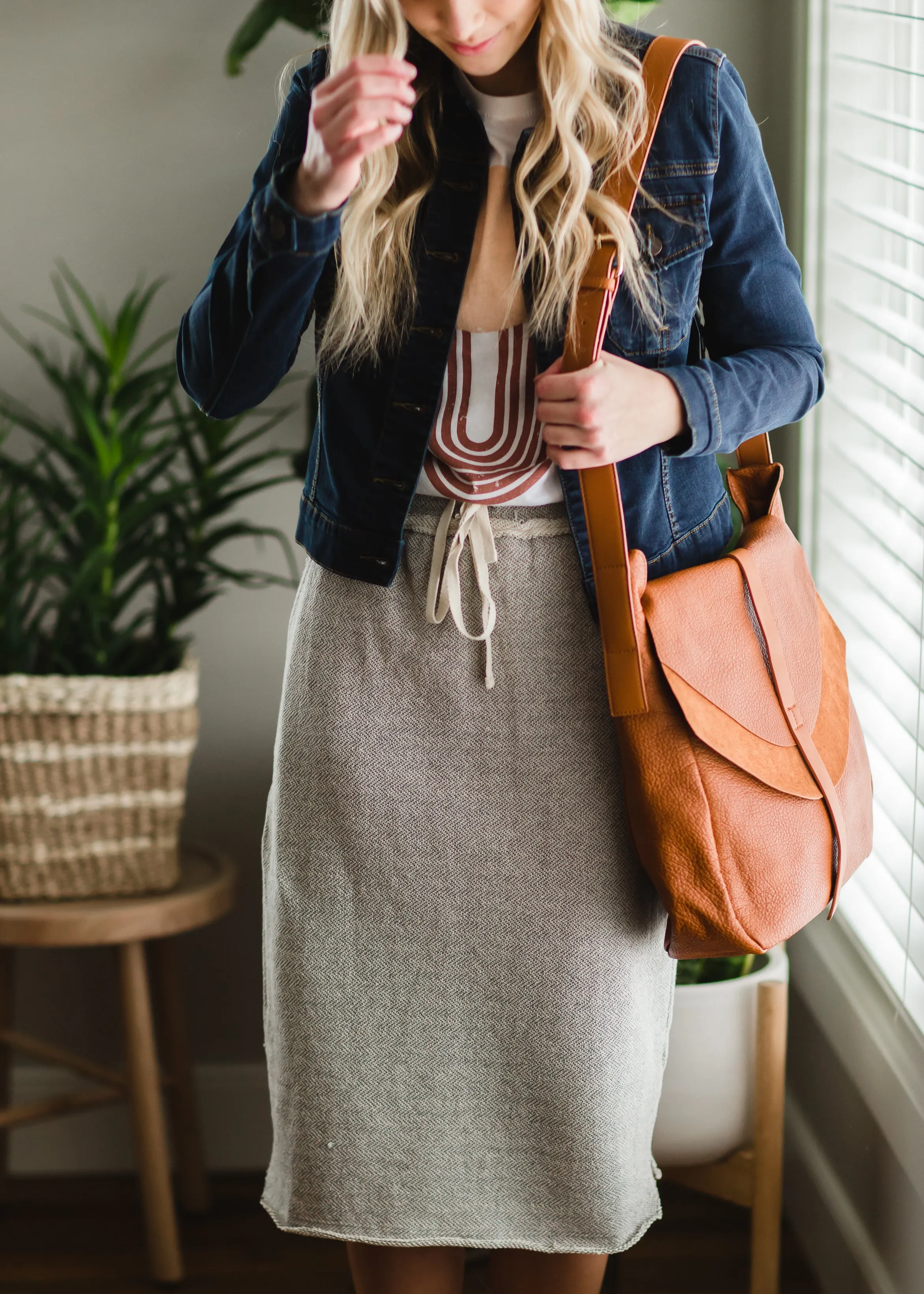 Gray Cotton Elastic Waist Midi Skirt