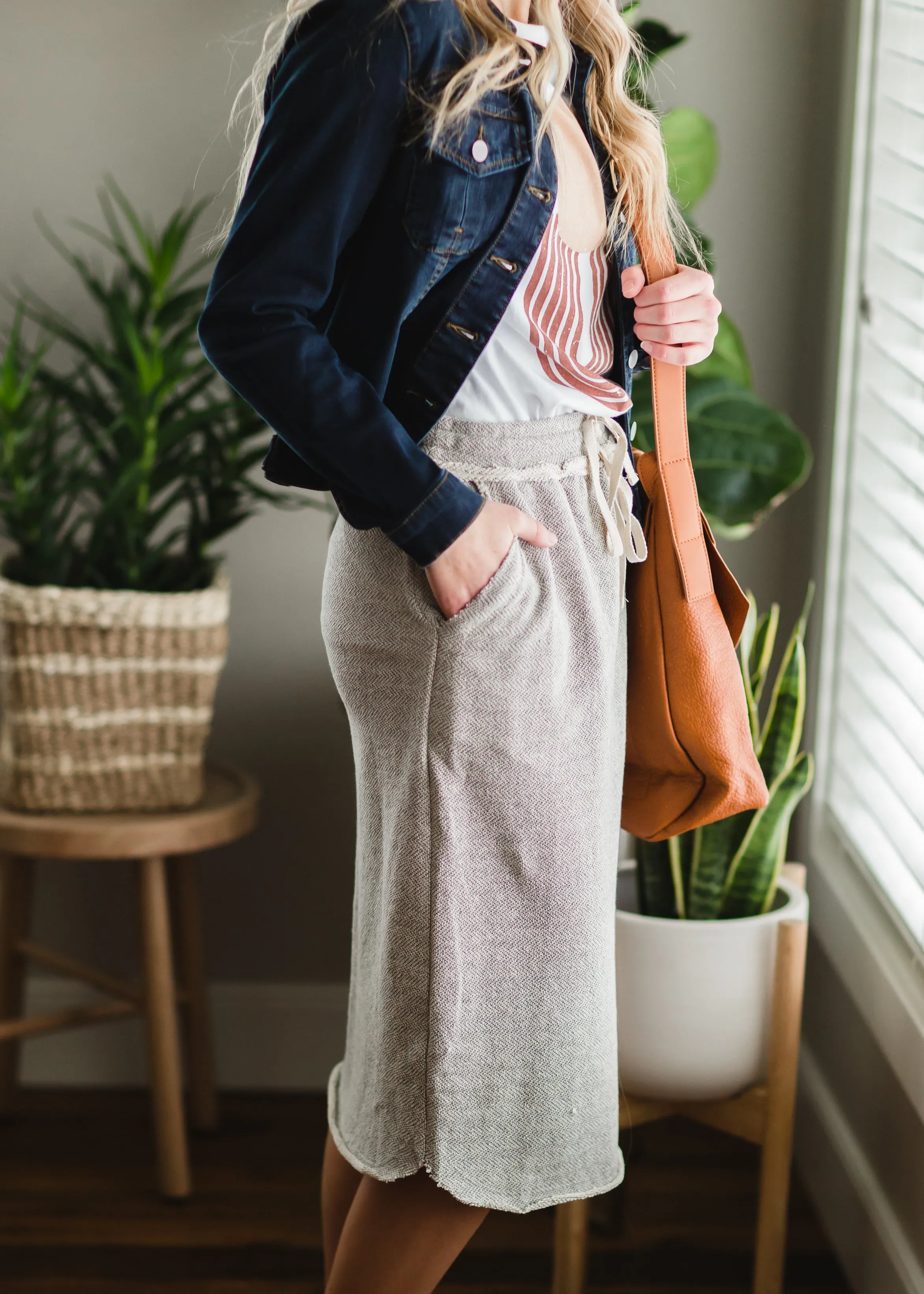 Gray Cotton Elastic Waist Midi Skirt
