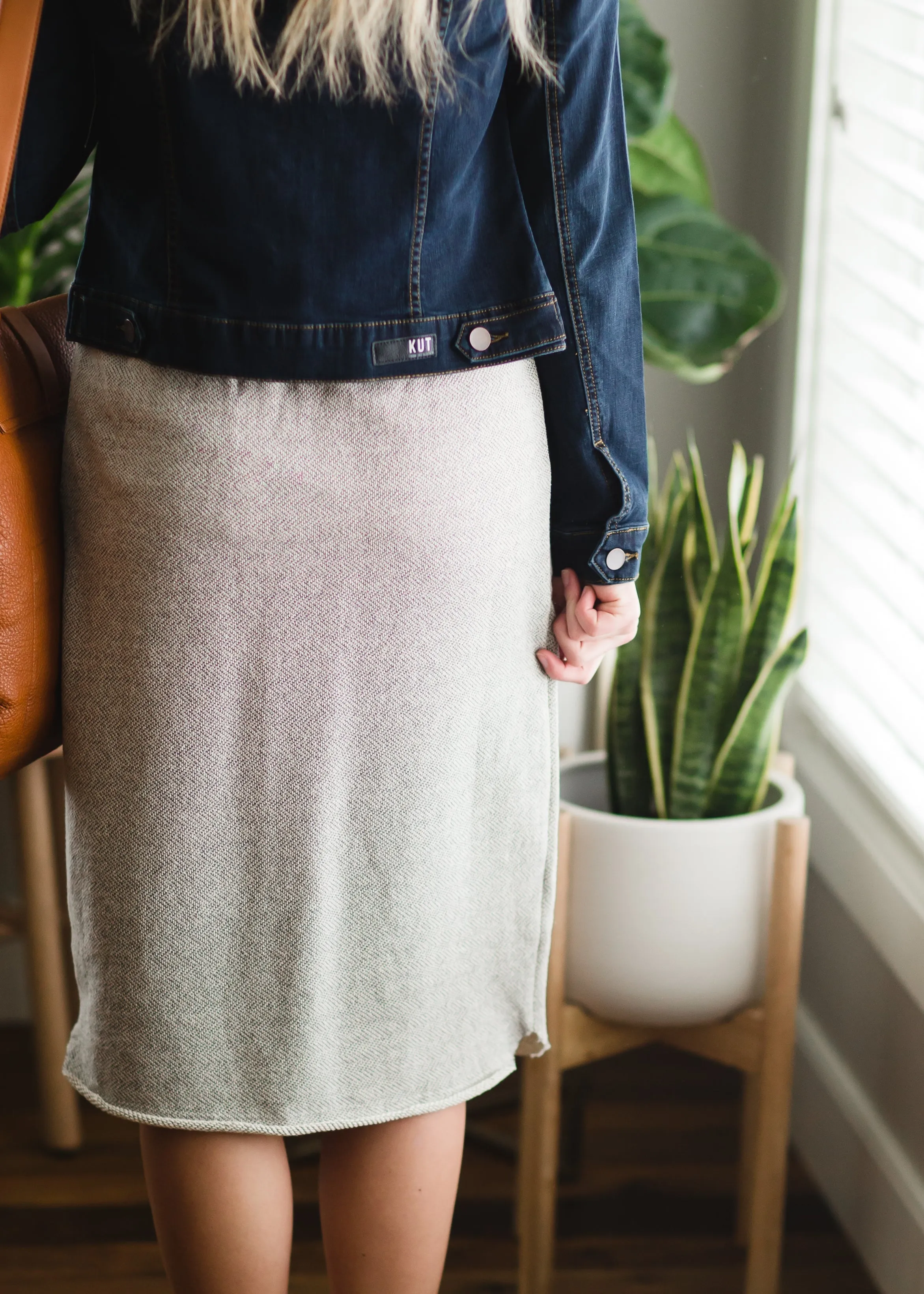 Gray Cotton Elastic Waist Midi Skirt