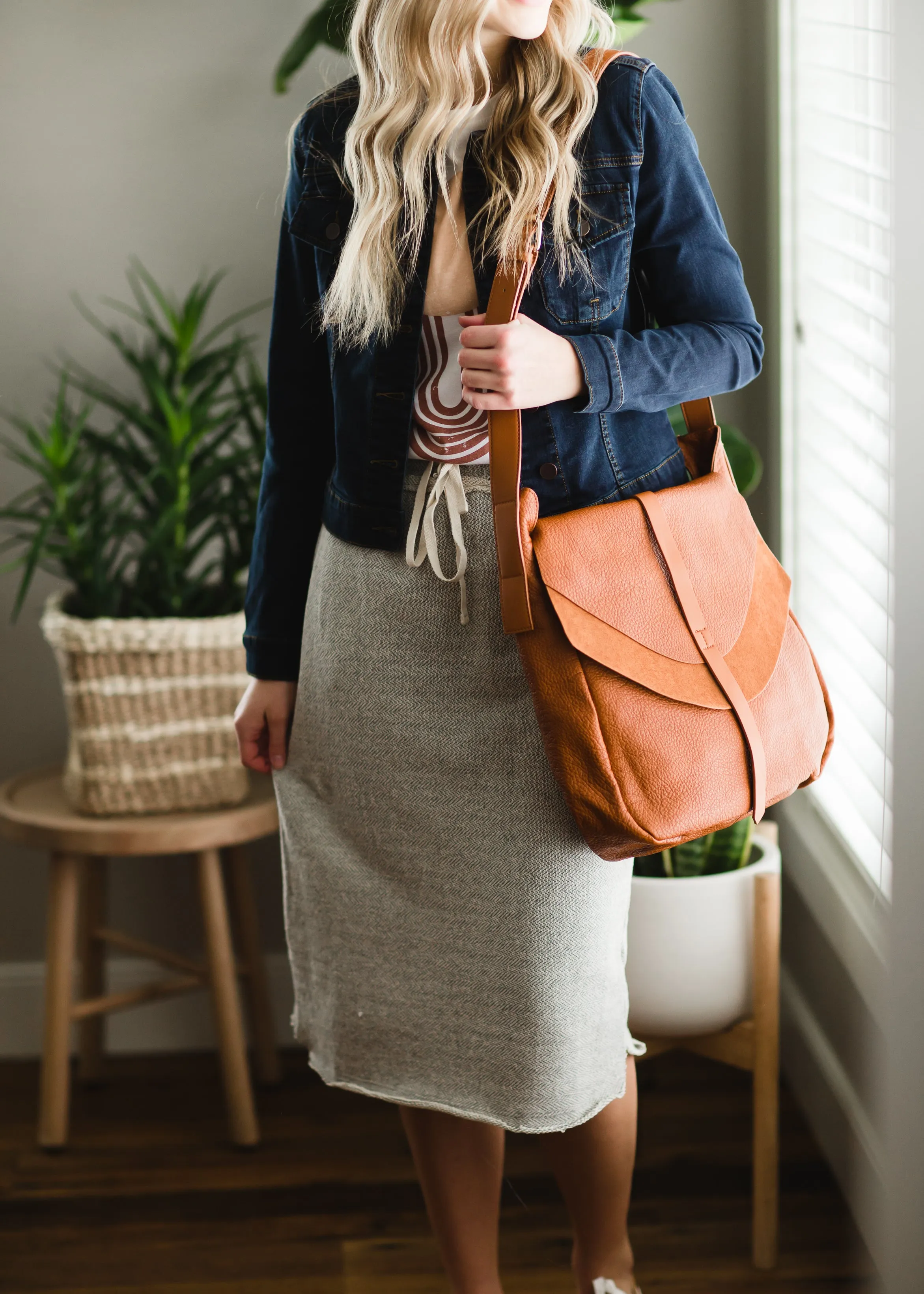 Gray Cotton Elastic Waist Midi Skirt