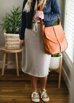 Gray Cotton Elastic Waist Midi Skirt