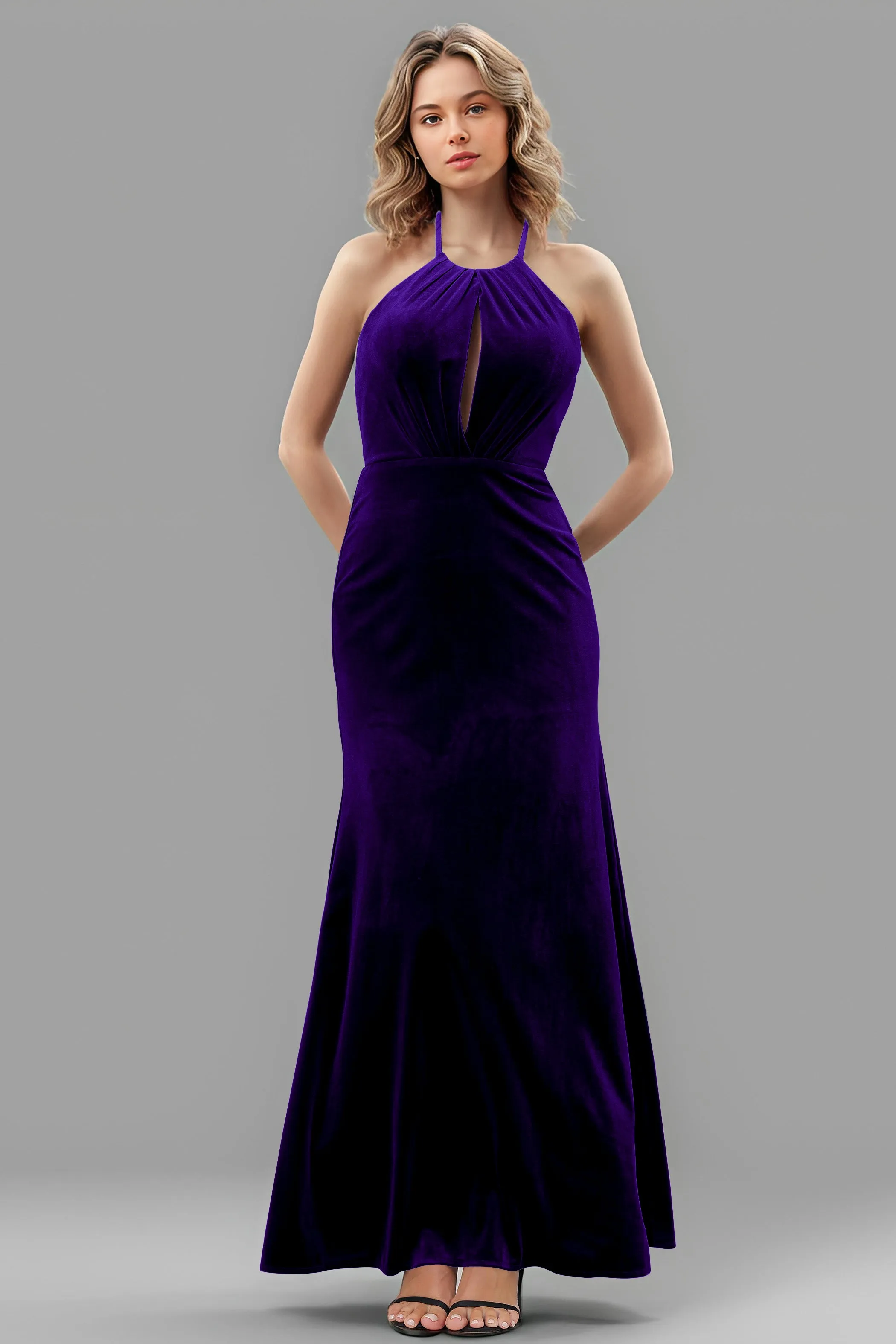 Halter Velvet Sleeveless Backless Long Bridesmaid Dresses