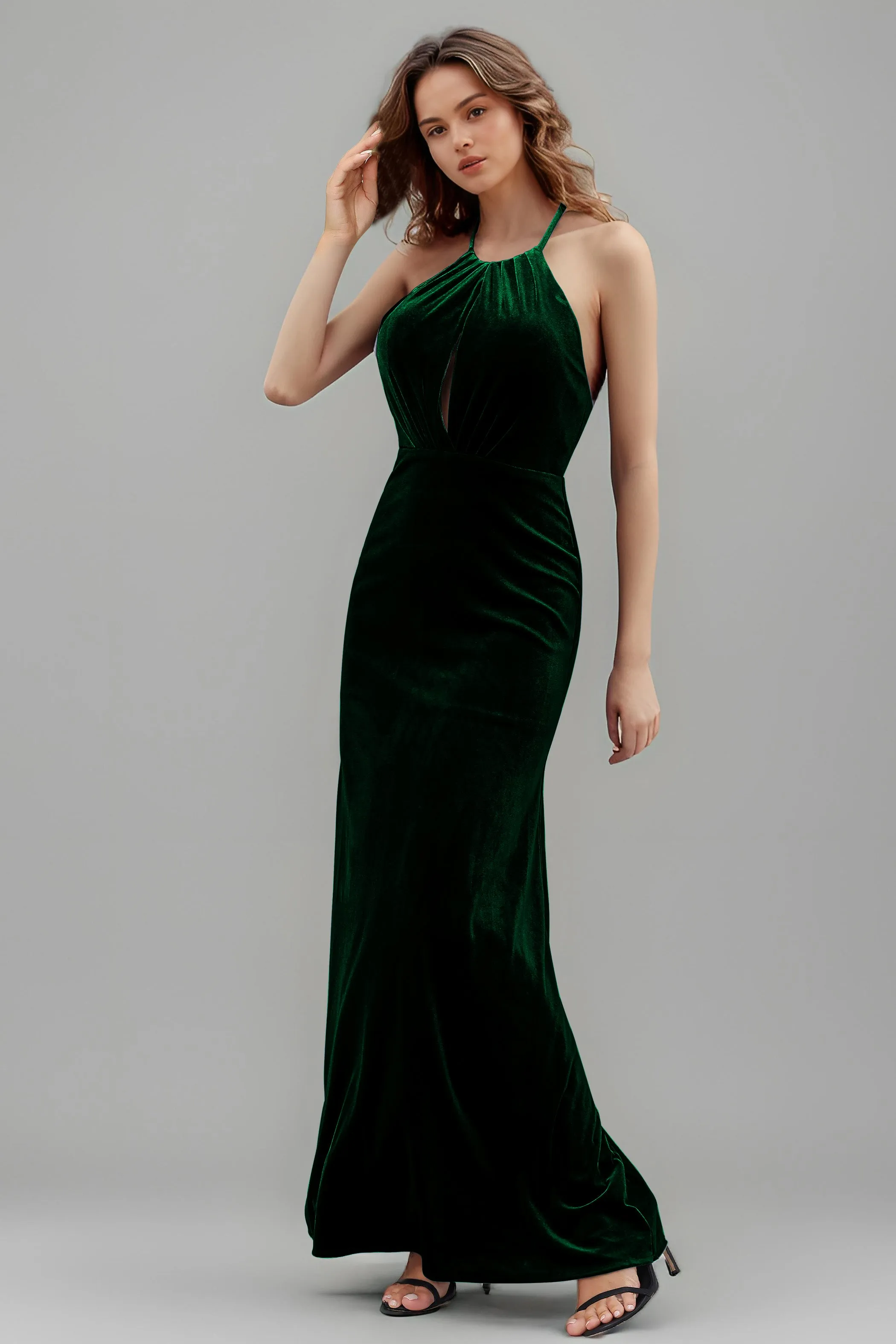 Halter Velvet Sleeveless Backless Long Bridesmaid Dresses