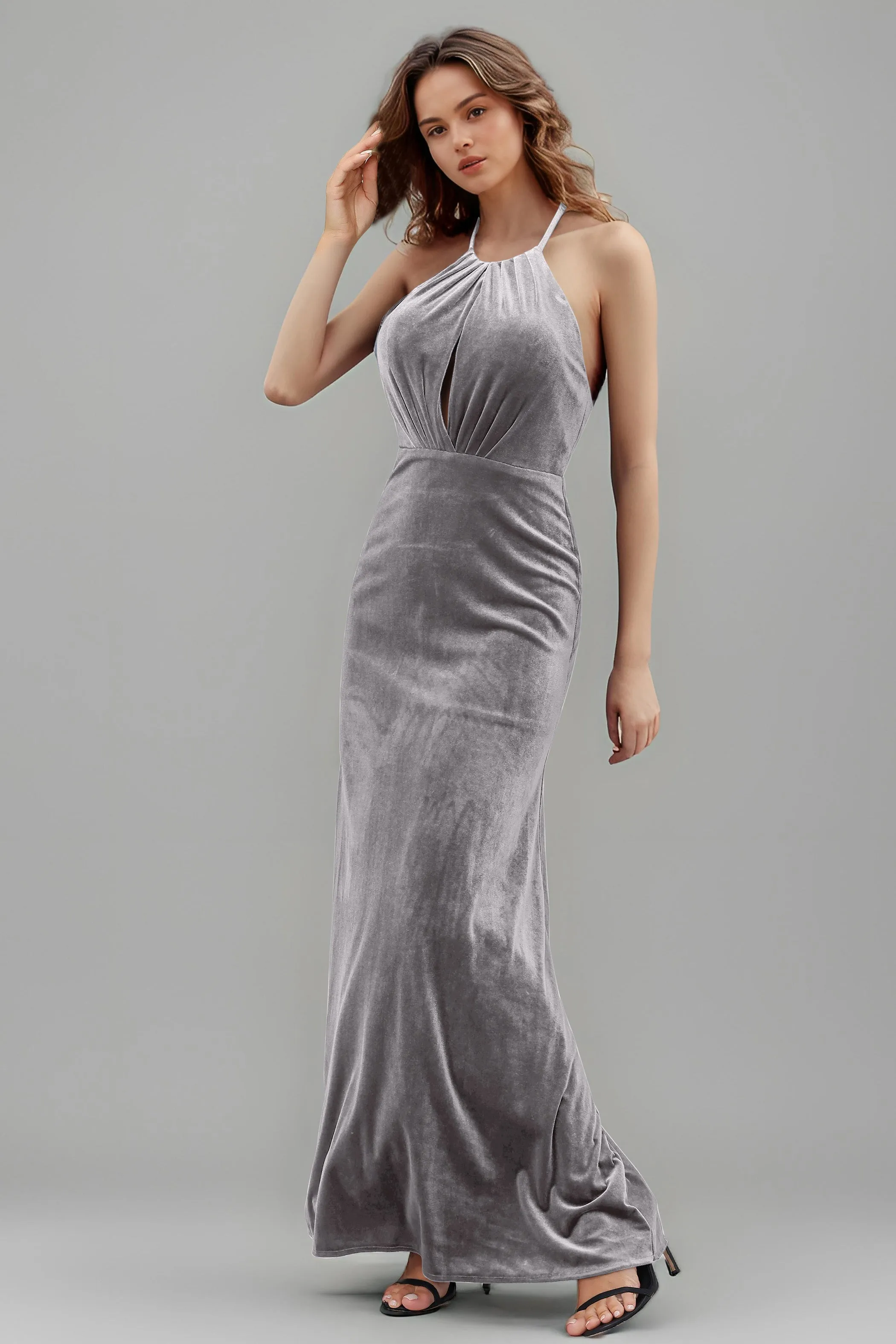 Halter Velvet Sleeveless Backless Long Bridesmaid Dresses