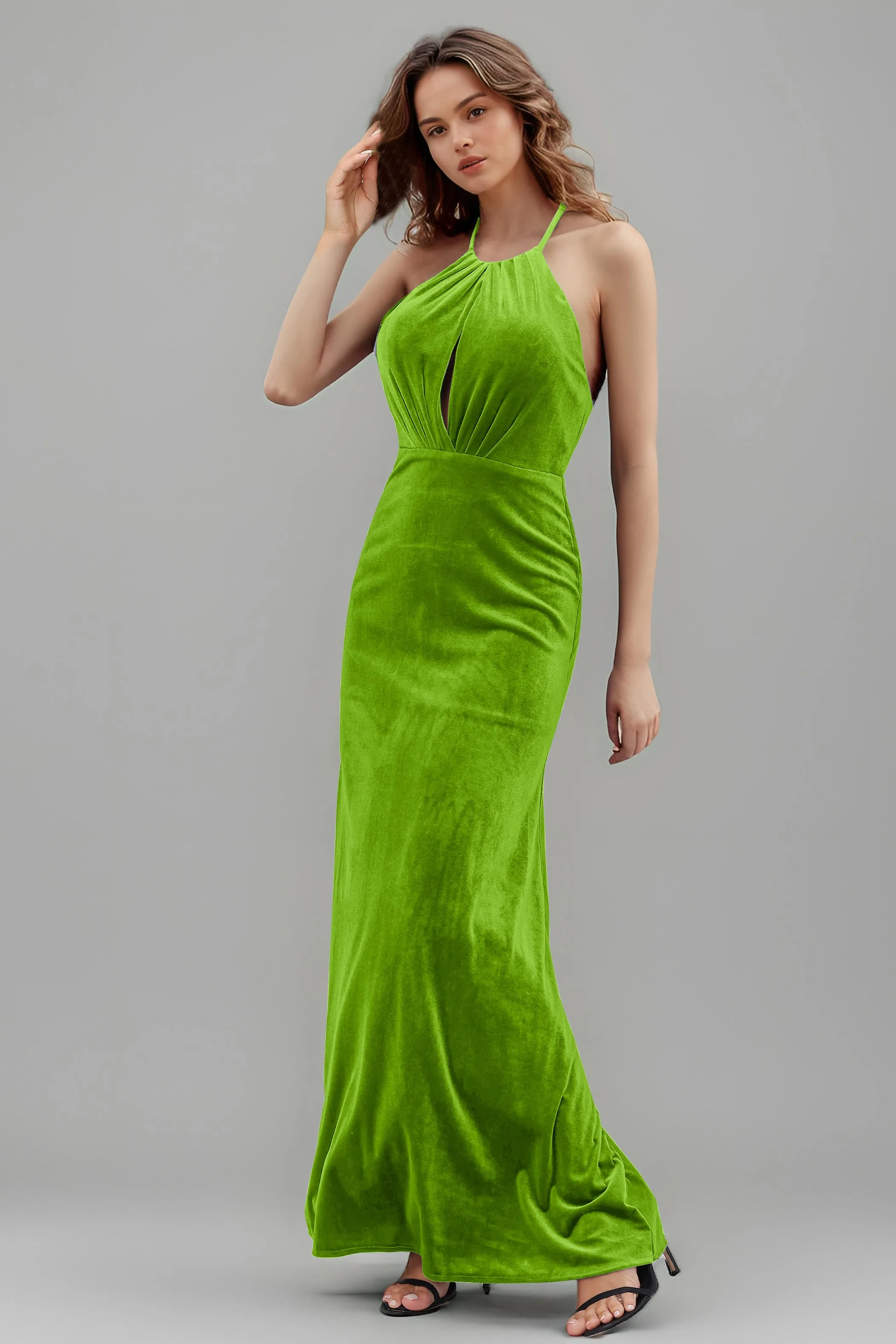 Halter Velvet Sleeveless Backless Long Bridesmaid Dresses