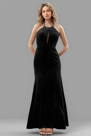 Halter Velvet Sleeveless Backless Long Bridesmaid Dresses