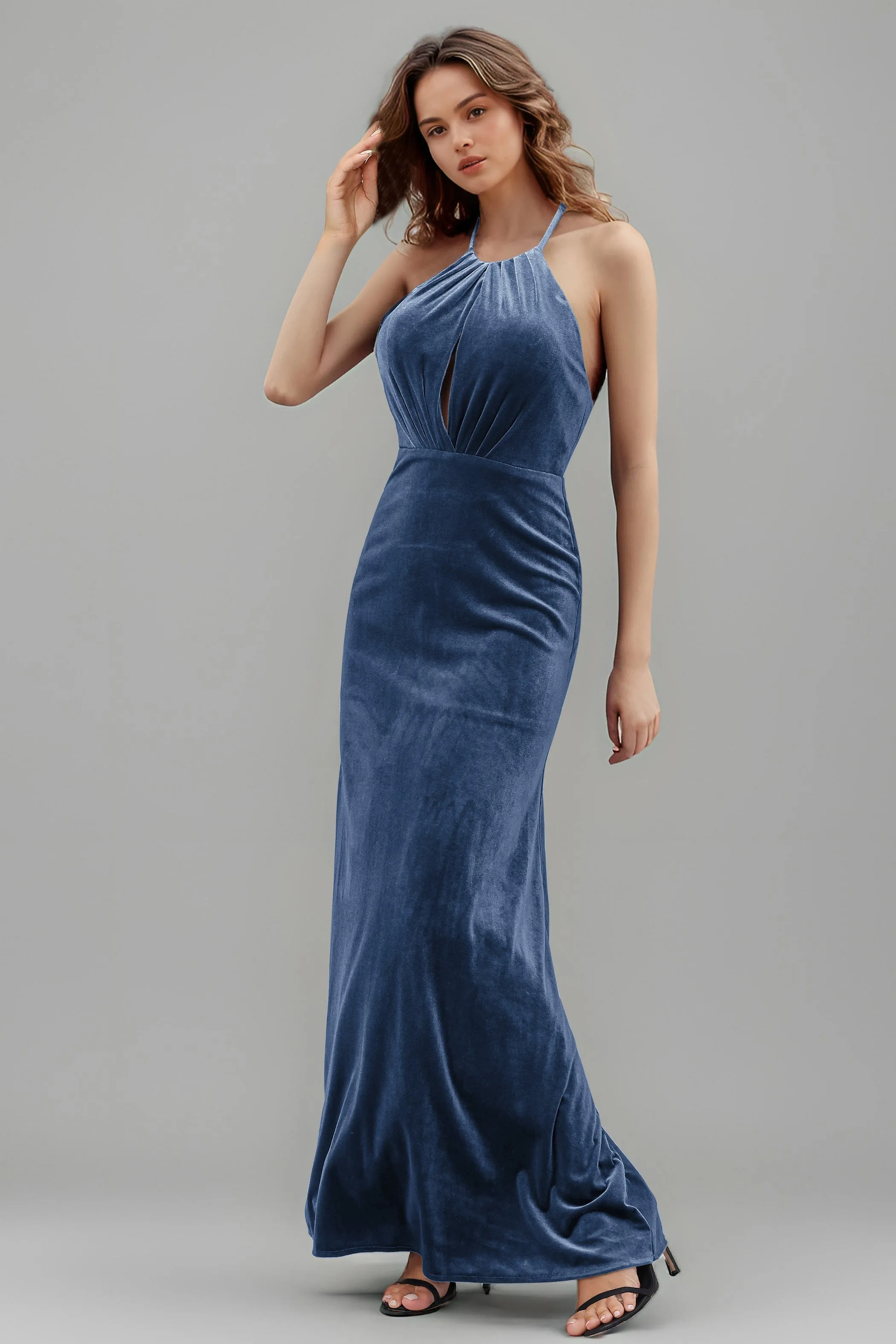 Halter Velvet Sleeveless Backless Long Bridesmaid Dresses