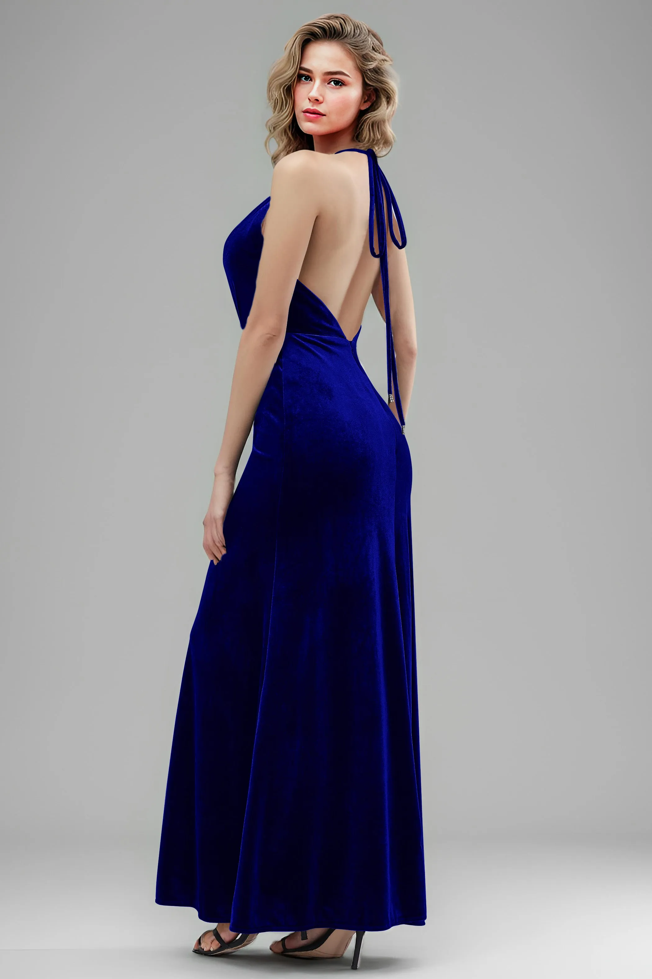 Halter Velvet Sleeveless Backless Long Bridesmaid Dresses