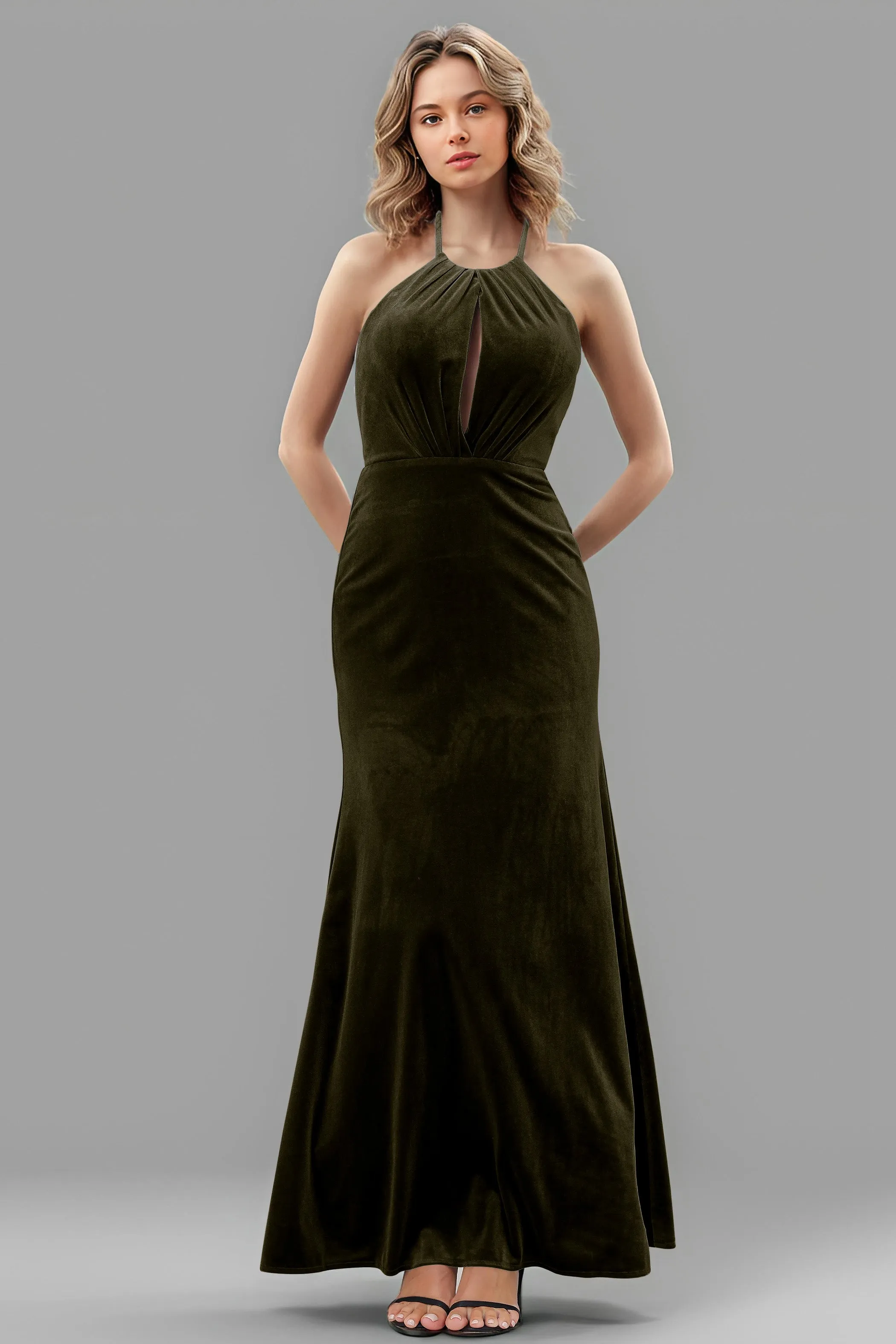 Halter Velvet Sleeveless Backless Long Bridesmaid Dresses