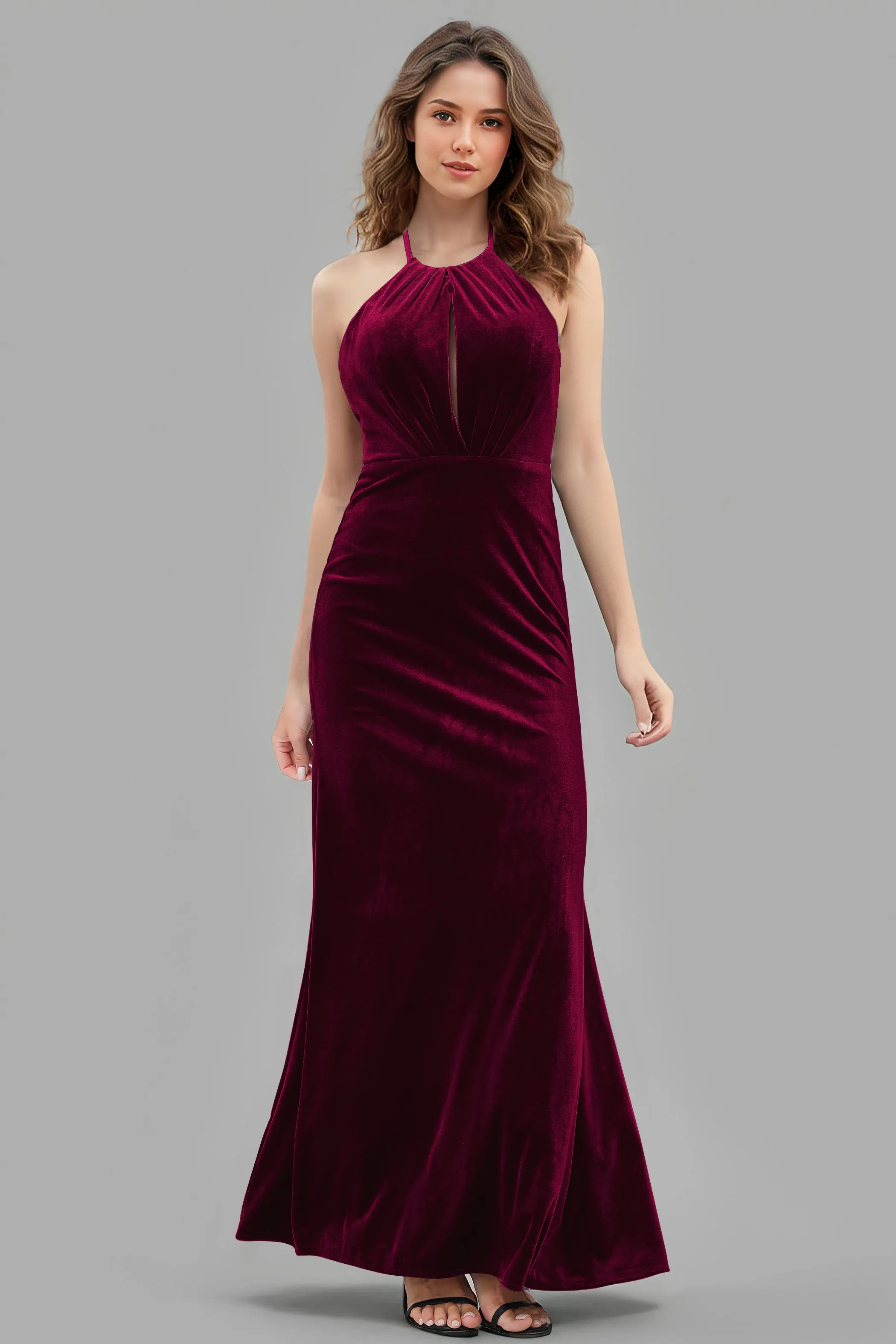 Halter Velvet Sleeveless Backless Long Bridesmaid Dresses