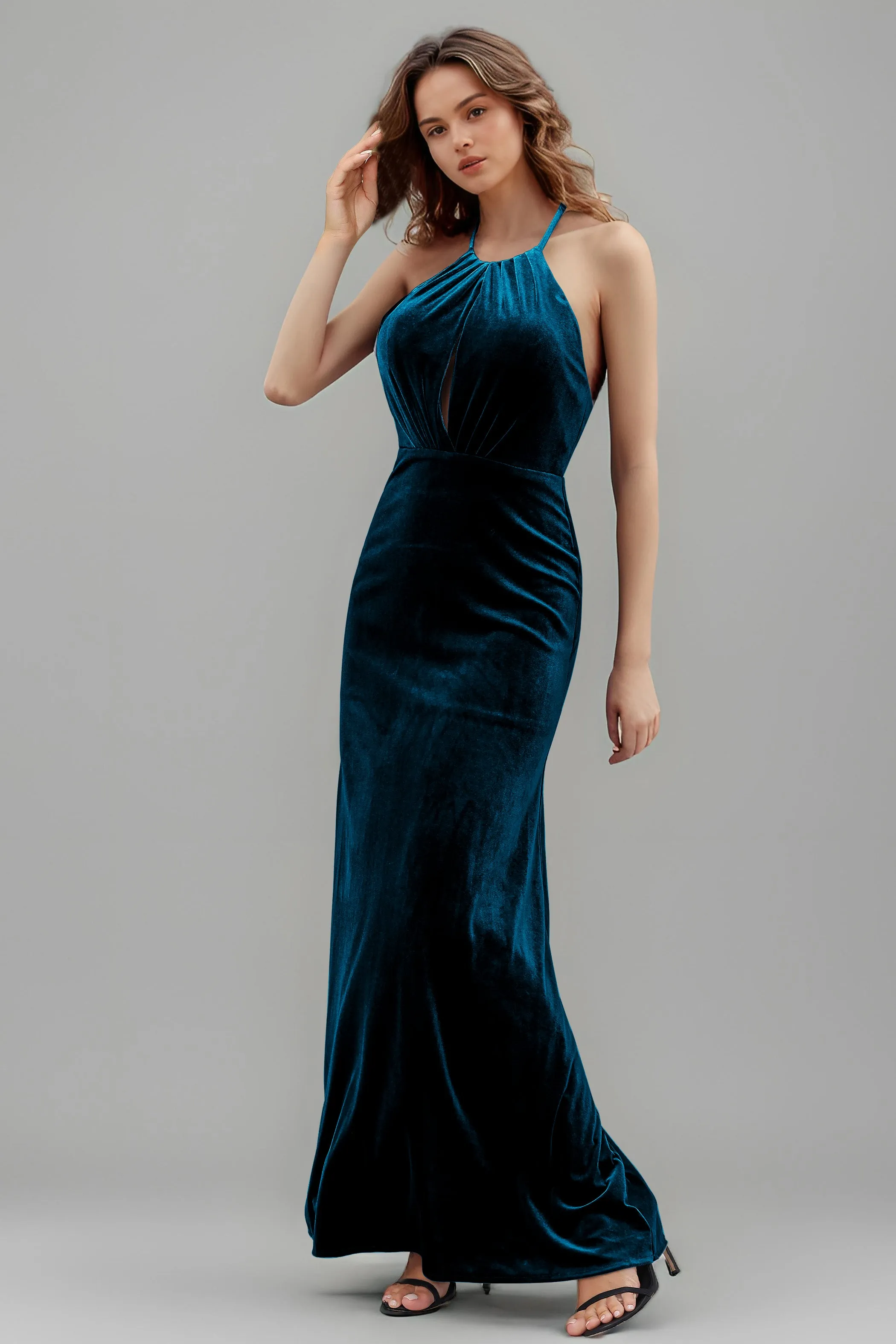 Halter Velvet Sleeveless Backless Long Bridesmaid Dresses