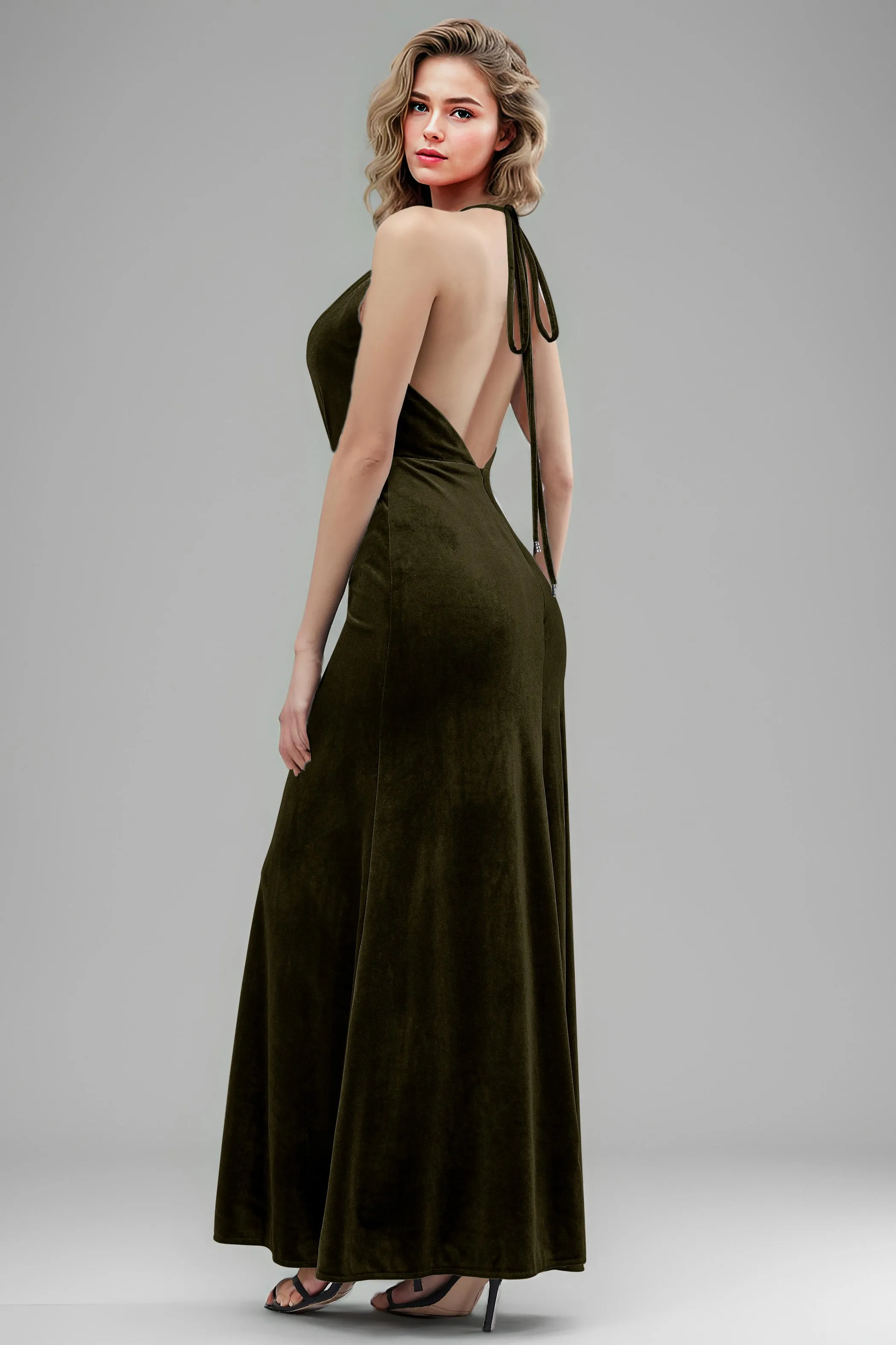 Halter Velvet Sleeveless Backless Long Bridesmaid Dresses