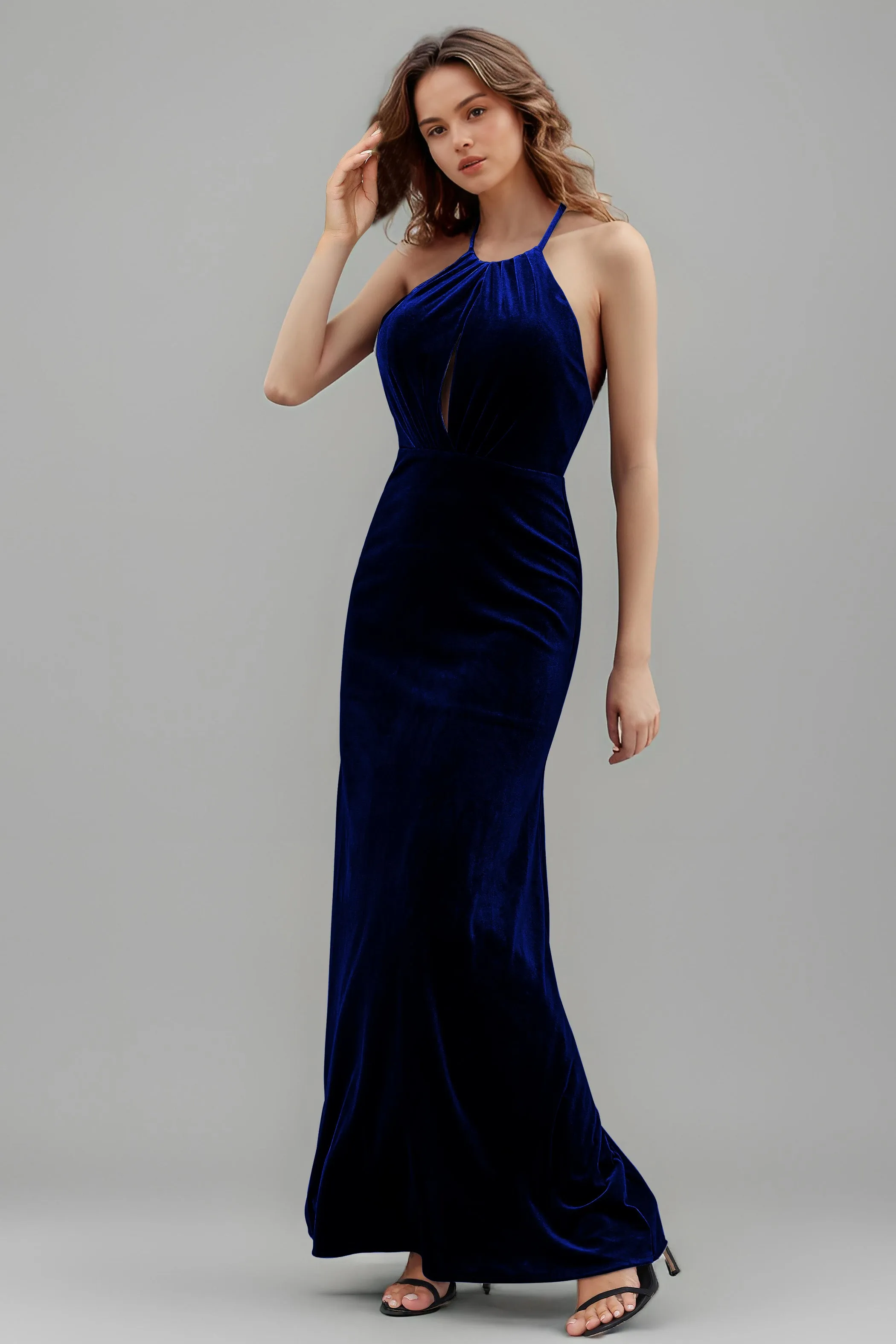 Halter Velvet Sleeveless Backless Long Bridesmaid Dresses