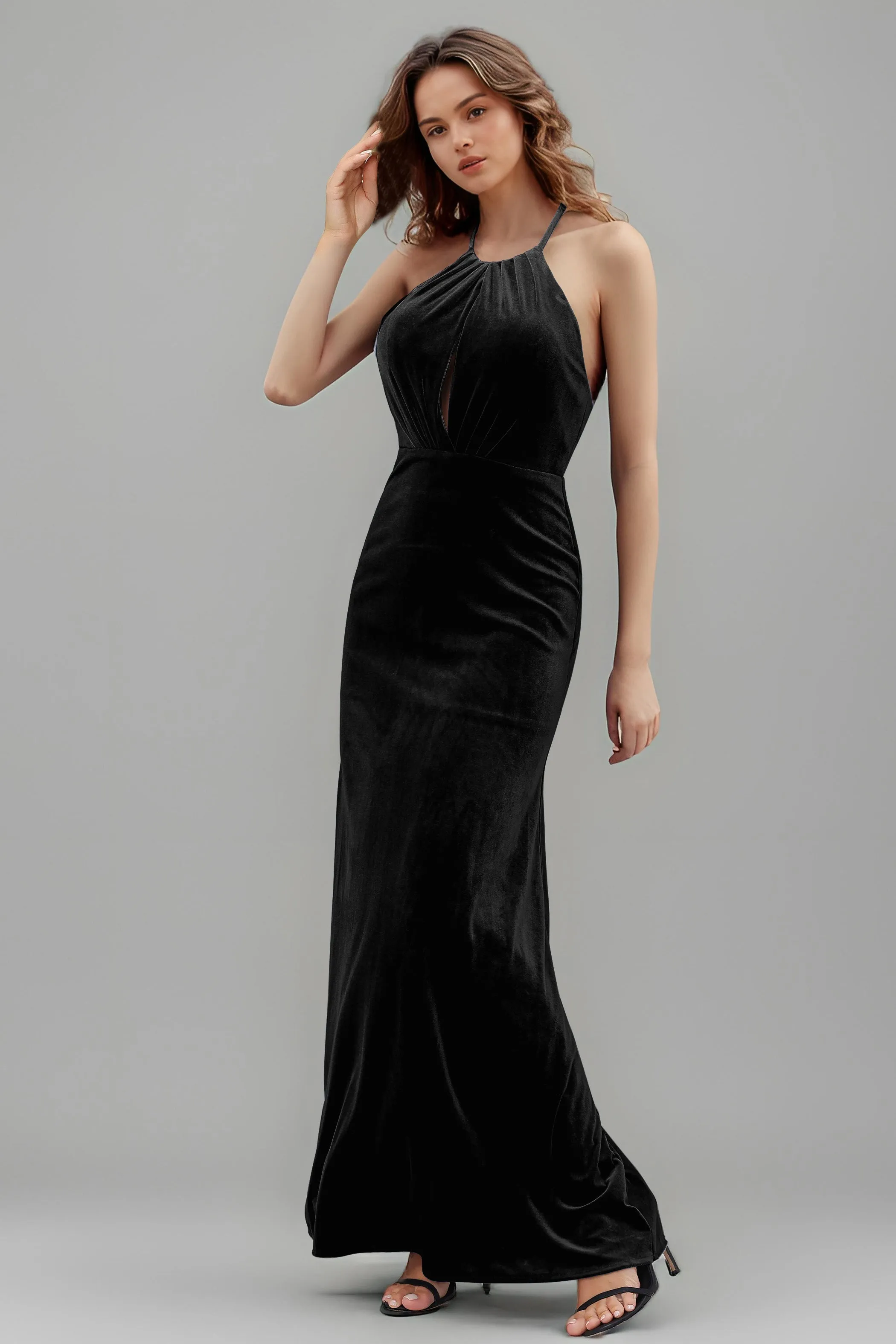Halter Velvet Sleeveless Backless Long Bridesmaid Dresses